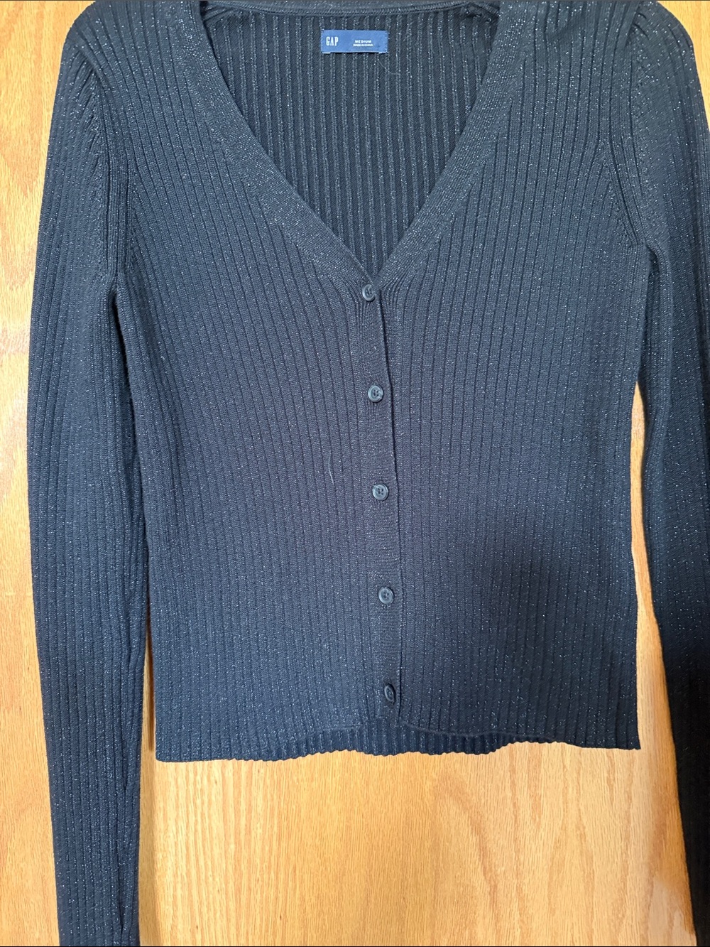 Black Ribbed V‑Neck Button Cardigan - Picture 2 of 4